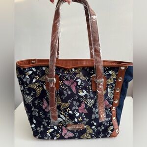 Butterfly Print Tote Bag with Brown Accents